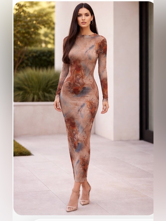Bobbles & Lace Dresses & Skirts - Long Sleeve Abstract Print MaxiDress in Brown & Blue Mesh
